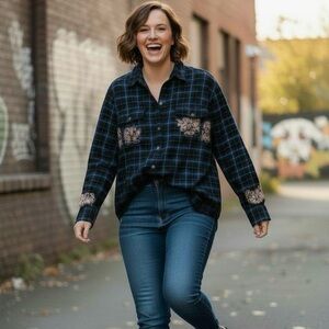 Upcycled Old Navy Green Plaid Flannel Shirt Bleached Stencil Large